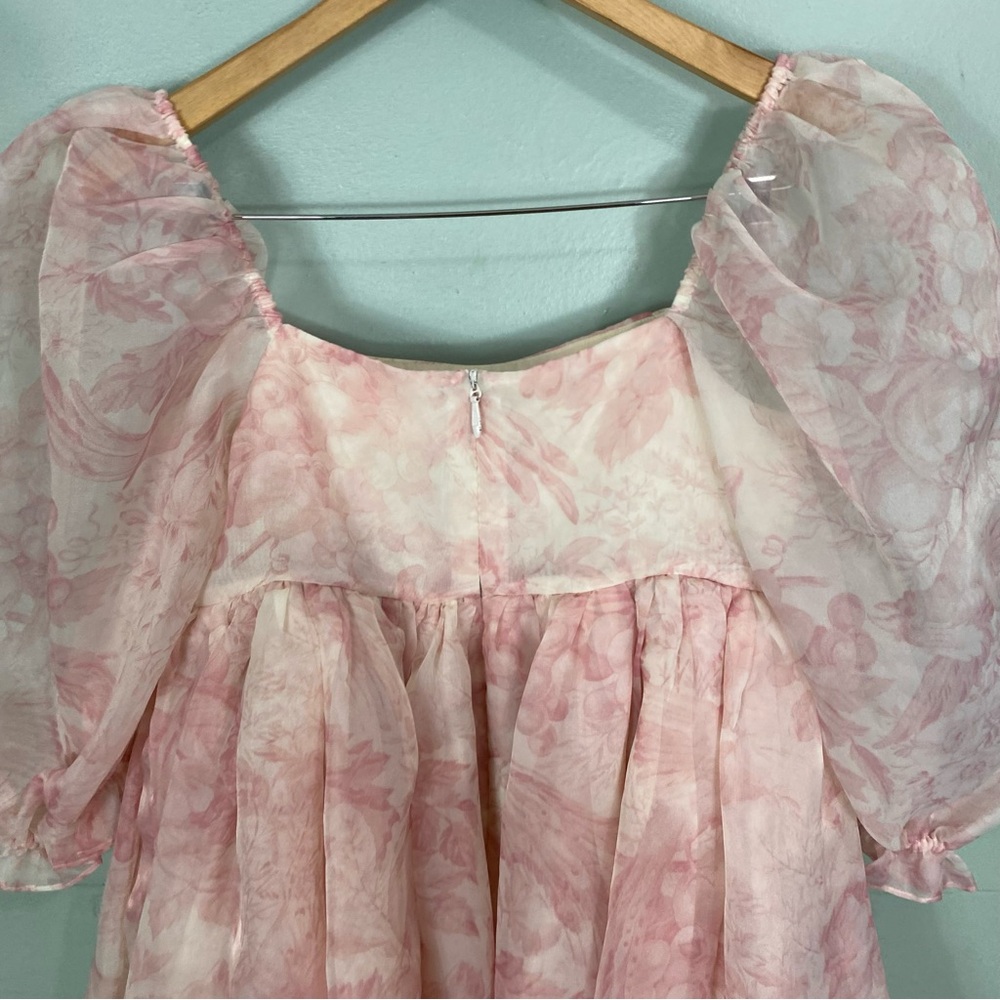 Selkie Puff Sleeve Organza Mini Babydoll Dress Pink Floral Medium - Picture 9 of 10